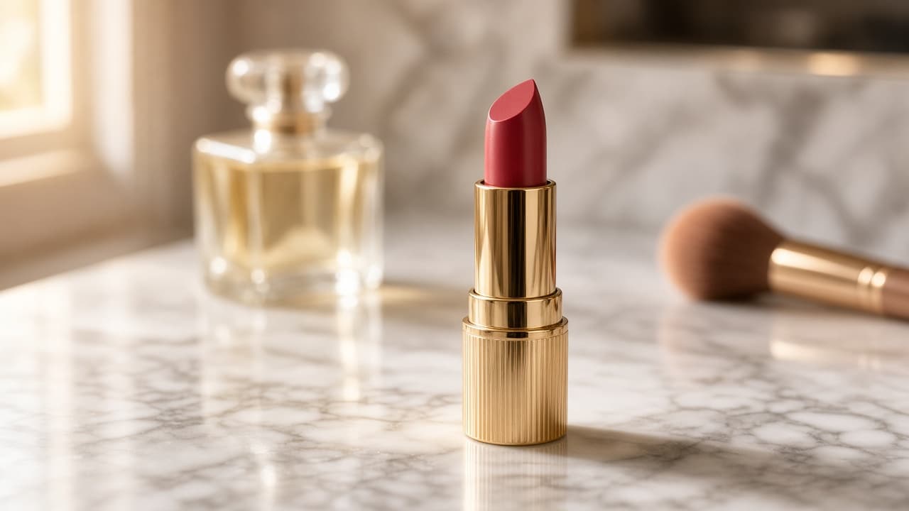 Gold lipstick standing on a marble vanity with a soft blurred background